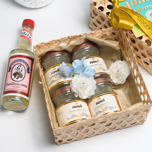 Songkran Petite Bird's Nest Set เซ็ตตะกร้าสงกรานต์เพื่อสุขภาพ รังนกพรีเมียม 4ขวด และน้ำอบ - COZXY Product Image